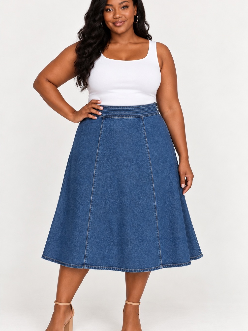 Appleseed’s Petites Women’s 16P Blue Denim A-Line Midi Skirt Stretch Cotton
